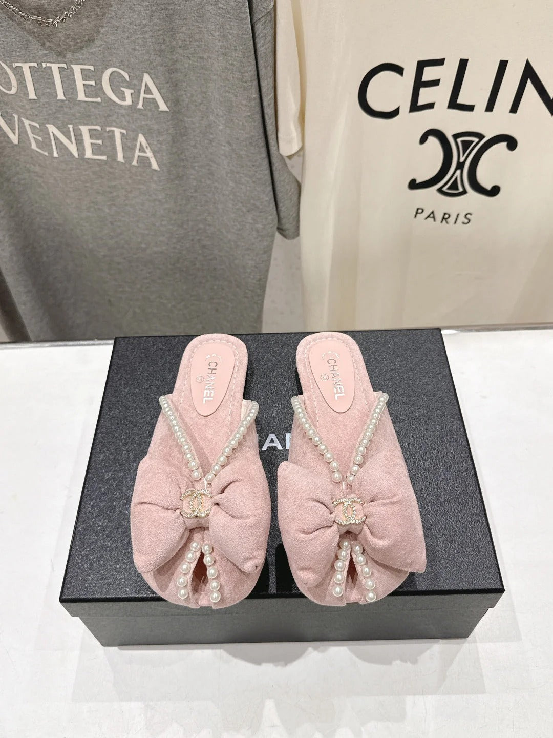 Chanel 2026 Pearl Bow Flat Slipper Suede Sheepskin 713038
