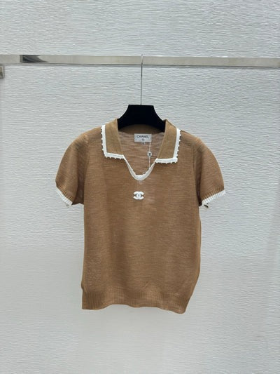Chanel 2026 Collared Knit Short-sleeved Top Brown White Wool Cashmere 327316