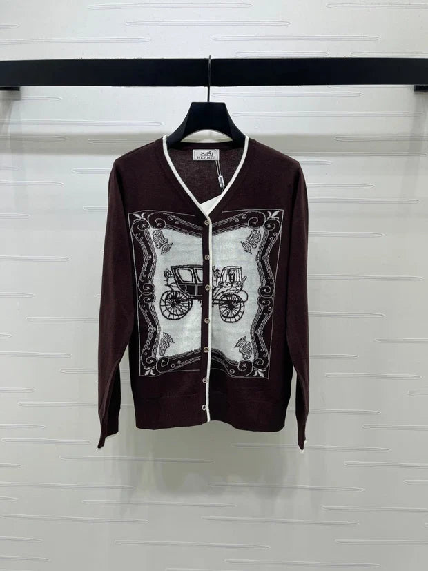 Hermes 2026 V-neck Printed Knit Long-sleeved Cardigan Wool 417078