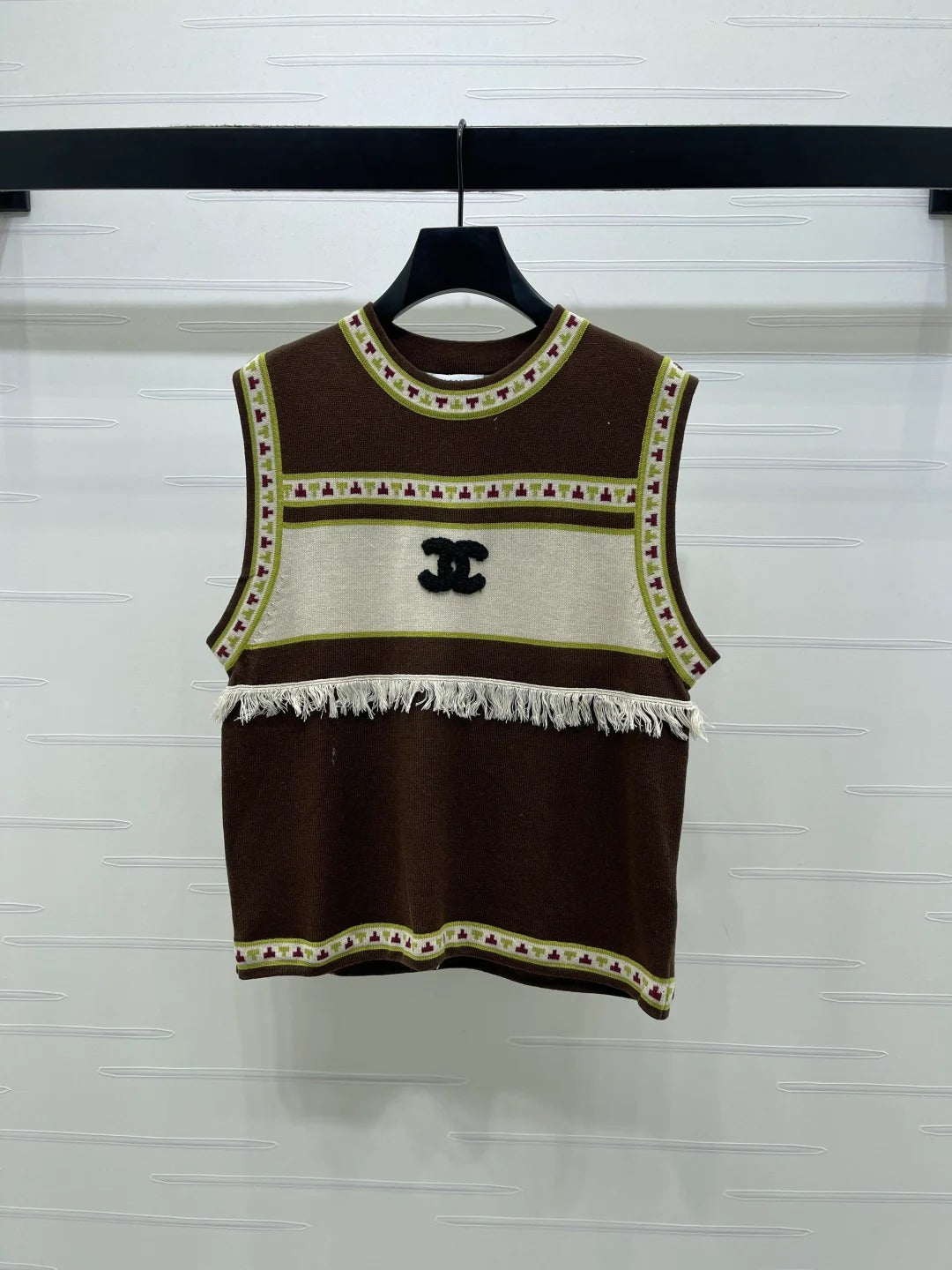 Chanel 2026 Crew Neck Knit Vest Grey and Brown Wool