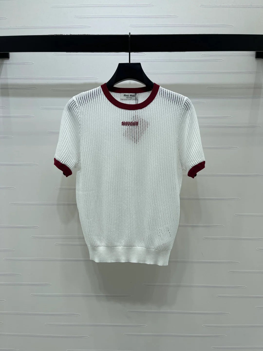 Miumiu 2026 Crochet-knit Crew-neck T-shirt White and Navy Blue Tencel
